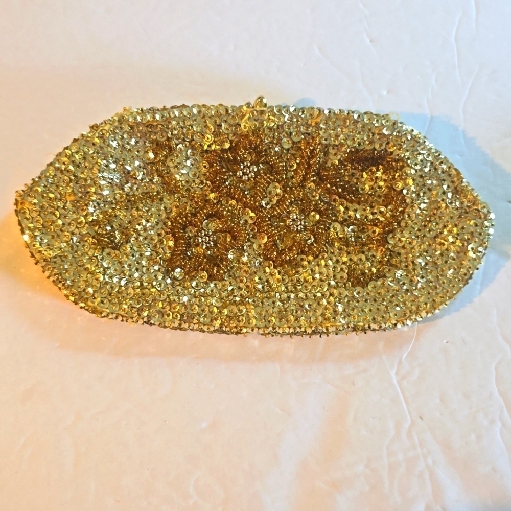Micheri Gold Sequin BEADED Sparkle Vintage British MEDIUM clutch Handmade